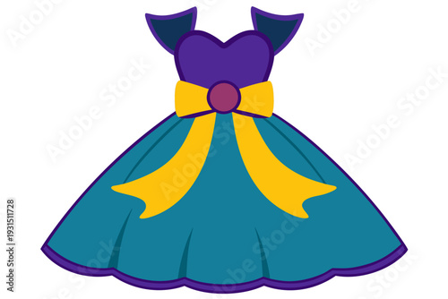 Elegant teal and purple dress with yellow bow and heart-shaped bodice for children's fashion illustration