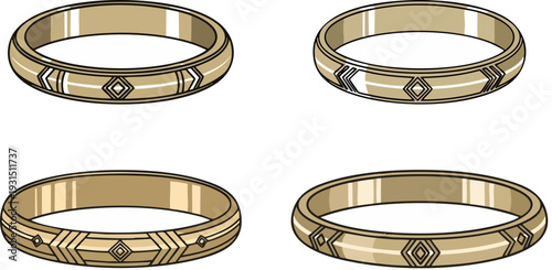 Set of 4 Gold Rings with Geometric Pattern Vector