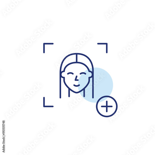 Woman user face id and plus symbol. Id setup, login update. Access granted, profile unlock. Pixel perfect, editable stroke vector icon