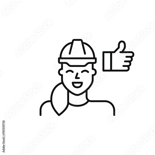 Hard hat woman and like. Worker approval, safety satisfaction, construction trust. Pixel perfect, editable stroke vector icon