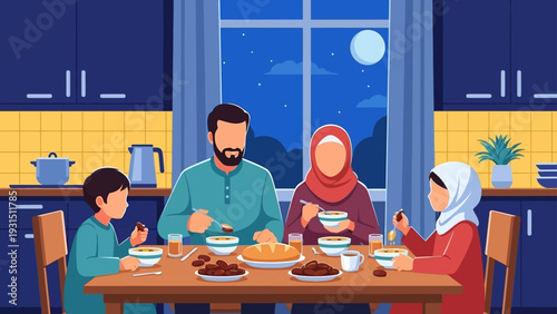 muslim family breaking fast together at iftar meal during ramadan at night sharing food in a cozy home kitchen