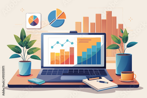 Dynamic workspace with laptop displaying colorful graphs and charts amidst cozy office setup with plants and coffee