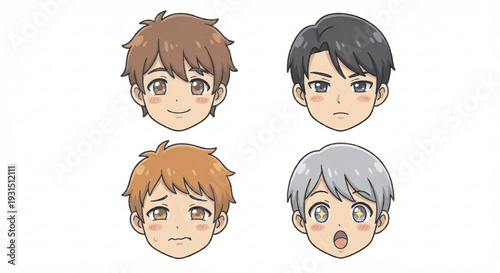 Set of 4 cute anime boy face icons with different expressions and hair colors, kawaii male character avatar sticker pack isolated