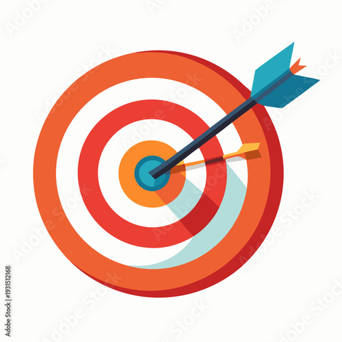 Accurate aim with arrow hitting center of vibrant red and white target on white background