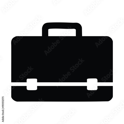 A black silhouette icon of a classic business briefcase with a top handle and two front clasps, representing work, professionalism, and documents.