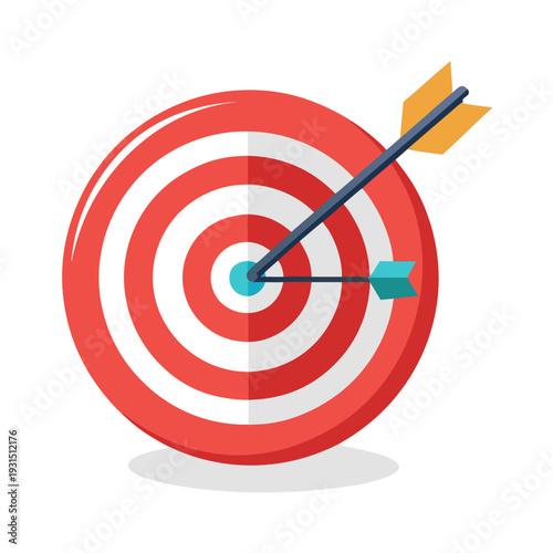 Red and white bullseye target with arrow hitting the center surrounded by shadows symbolizing precision and accuracy in goal achievements