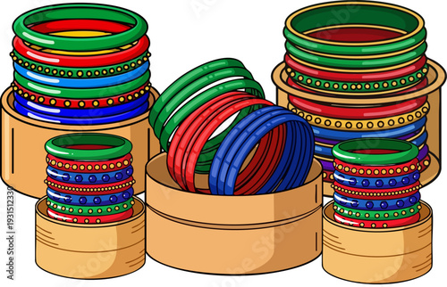 Colorful Indian Bangles in Wooden Boxes Vector Illustration