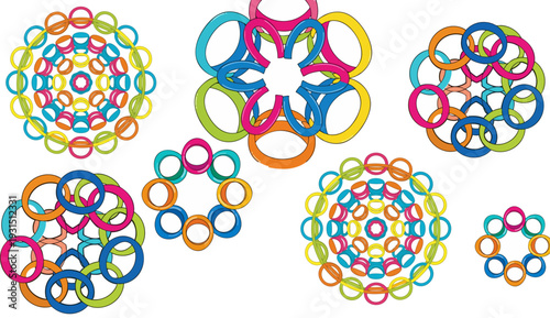 Set of 7 Colorful Abstract Ring Patterns Vector