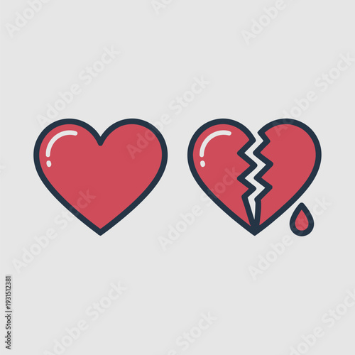Love and heartbreak icon set with red heart broken heart and emotional relationship symbols for romantic design