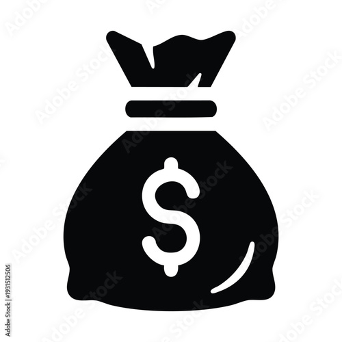 Black silhouette icon of a money bag with a prominent dollar sign, symbolizing wealth, finance, and economic prosperity.