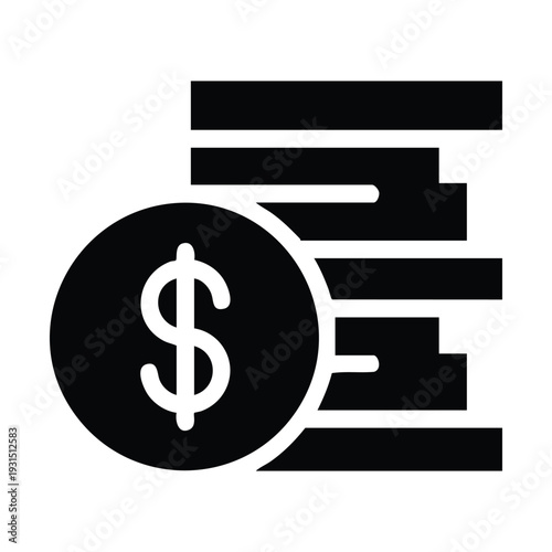 A black silhouette icon depicting a stack of coins with a prominent dollar sign on the front coin, symbolizing finance and wealth.