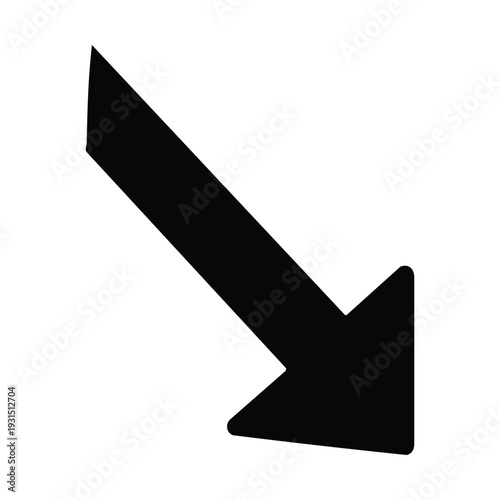 A simple black arrow pointing diagonally downwards and to the right on a white background, indicating direction or decline.