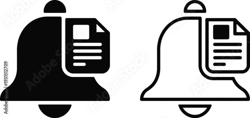 Notification bell with document report icon set in solid and outline style. Document file, perfect for representing alert logs, news subscriptions, or system reports.