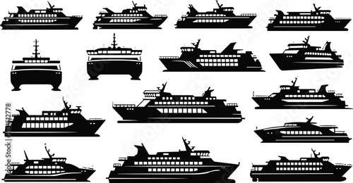 Ferry boat silhouettes, marine transport, passenger vessel, catamaran design, ship icon, watercraft collection, harbor travel, nautical theme, maritime illustration, vector art