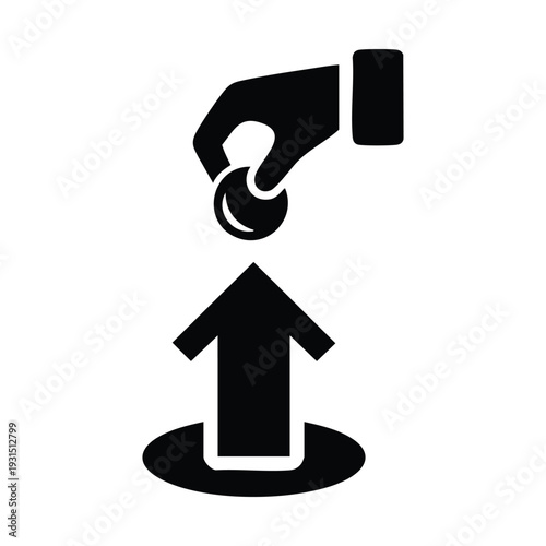 A black and white icon depicting a hand dropping a coin into an upward-pointing arrow, symbolizing investment, contribution, or growth.