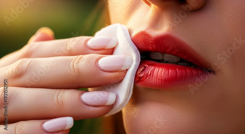 Woman's hand removing red lipstick with cotton pad close up finger nail