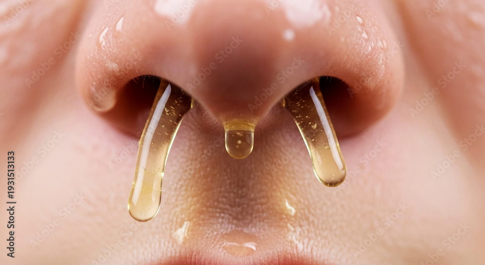 Fototapeta premium Close up of nose with thick yellow mucus dripping from nostrils liquid