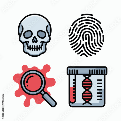 Forensic science and biometric analysis icon set with skull fingerprint dna and laboratory investigation tools