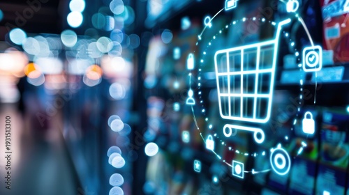 Digital shopping cart graphic overlaid on store background
