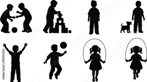Black children silhouette collection featuring kids playing with balls building blocks jumping rope and walking a dog isolated on white.