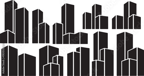 Black and white cityscape with modern skyscrapers illustration