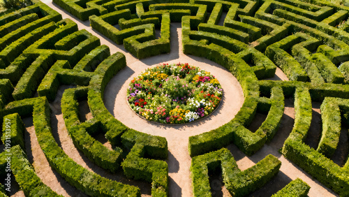 Green Maze: An aerial perspective reveals an intricate and captivating green maze, a labyrinth of meticulously trimmed hedges with a vibrant floral centerpiece.