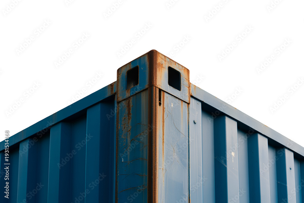 Fototapeta premium A close-up view of the corner of a large blue shipping container.