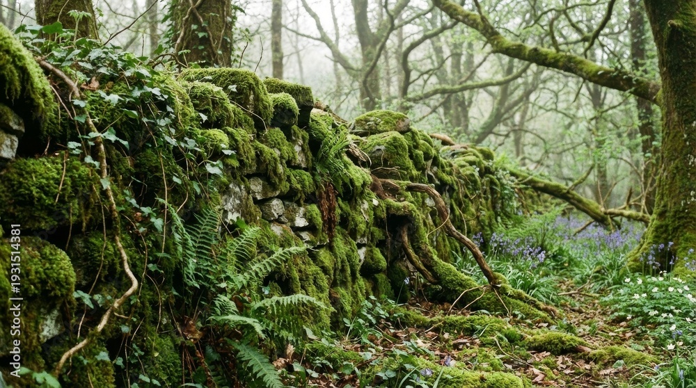 Fototapeta premium Lush Moss Covering Ancient Stone Wall in Forest