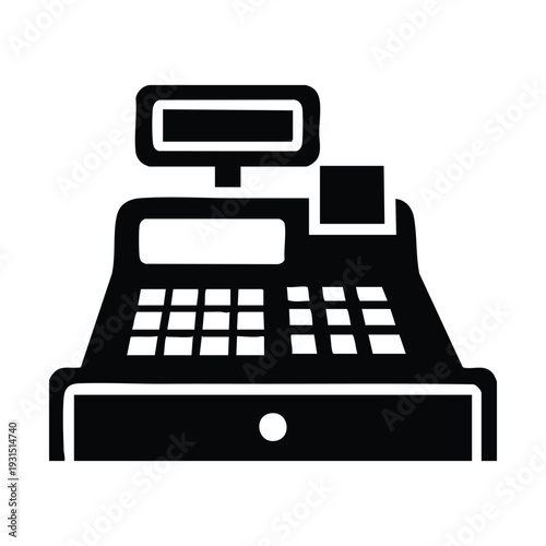 Black and white icon of a vintage cash register with a display screen and keypad, representing retail transactions.