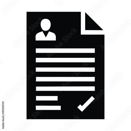Black icon of a document with a person's profile, text lines, and a checkmark, symbolizing a completed application or verified record.