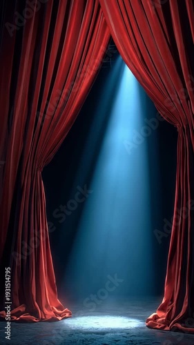 Dramatic blue spotlight shining through open red stage curtains