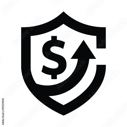 Black and white icon of a shield with a dollar sign and an upward trending arrow, symbolizing financial growth and security.