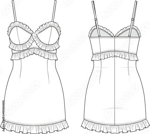 Lace trim slip dress, v-neck silk chemise sleepwear, elegant lingerie nightgown, fashion technical sketch, intimate apparel vector line art illustration,