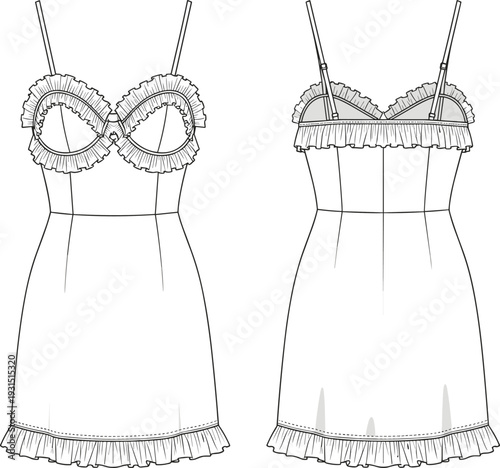 Women's lingerie slip dress fashion illustration, front and back view, underwire cups, ruffle trim, garment construction, technical design drawing