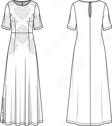 Women's long dress fashion illustration, front and back view, damask bodice, short sleeves, flowing skirt, decorative trim, garment construction drawing
