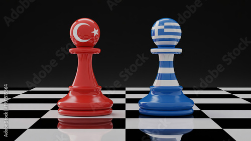Pawns representing Turkey and Greece stand on a chessboard, symbolizing.