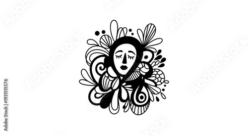 black and white artistic illustration of a serene face with closed eyes surrounded by whimsical abstract organic shapes