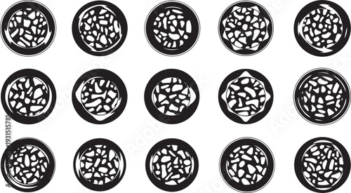Black and white circular patterns on a white background