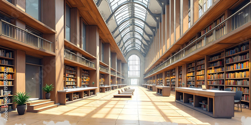 Bright Modern Library Interior with Tall Shelves and Natural Light