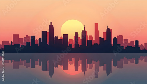 City Skyline Silhouette During Sunset with Reflective Water in Vibrant Pink Orange Sky