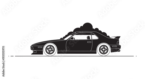 black silhouette of a retro japanese sports car with a stylized cloud effect ideal for automotive design and tuner culture projects