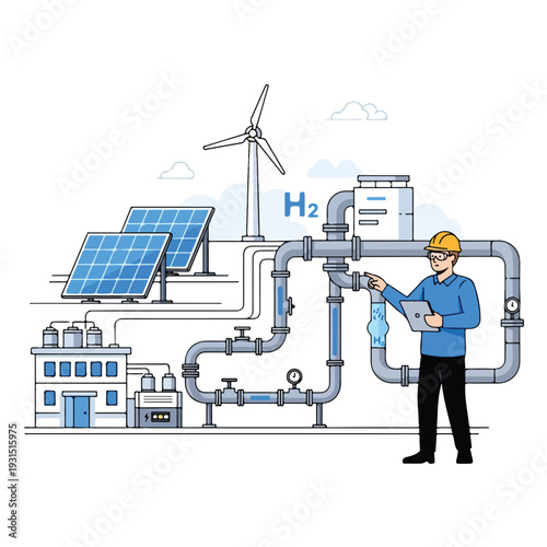 Illustration of a worker in a hard hat examining a tablet amidst industrial piping, solar panels, and a wind turbine in an industrial setting with a focus on sustainable energy.