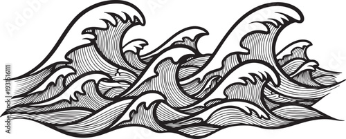 Black and white illustration of crashing ocean waves graphic