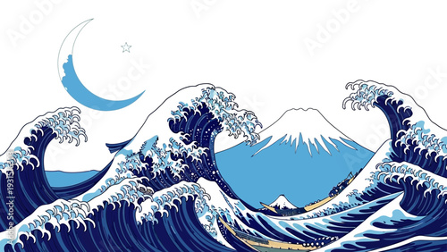 hokusai great wave inspired vector illustration of powerful ocean waves mount fuji and fishing boats under a crescent moon.