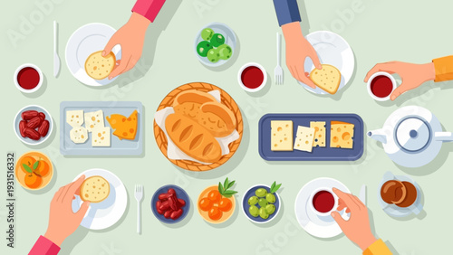 overhead view of hands sharing a healthy breakfast or brunch spread depicting togetherness and communal eating.