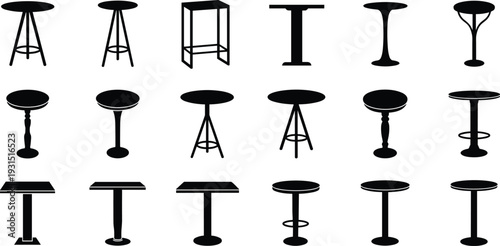 Bar and cafe table silhouettes collection, round and square pedestal tables isolated on white background, modern furniture set for restaurant, pub and interior design