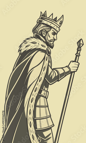 Powerful King with Crown and Scepter Standing Tall.