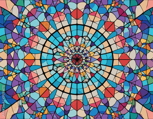Vibrant stained glass window with colorful circular pattern and kaleidoscope effect