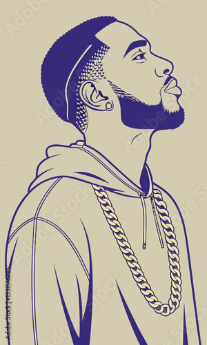 Stylish Man with Beard and Chain Looking Up.