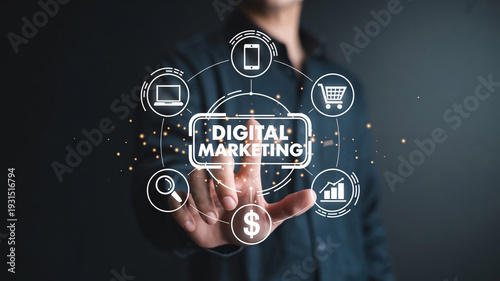 Finger touches digital marketing hub surrounded by various commerce icons.